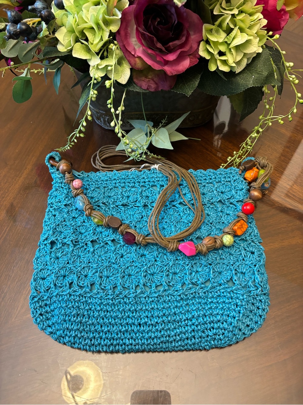 Capelli of New York Teal Crochet Shoulder Bag with Multicolor Beaded Strap
